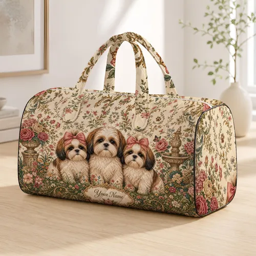 Fluffy Shih Tzu Puppies With Pink Bows In Floral Garden For Travel And Dog Mom Gifts Quilted Weekend Bag