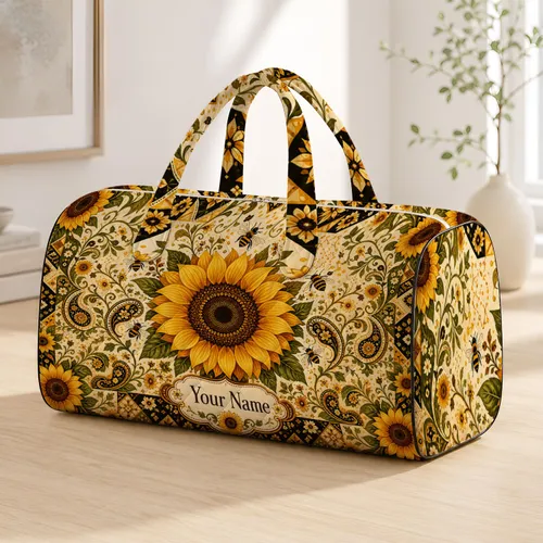 Boho Sunflower Bee Folk Garden With Your Name For Travel Shopping And Gifting For Her Quilted Weekend Bag