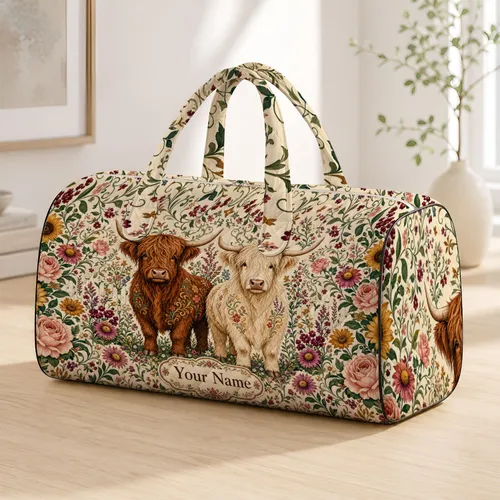 Highland Cow Floral Heritage Motif For Countryside Getaways And Rustic Gift Lovers Quilted Weekend Bag