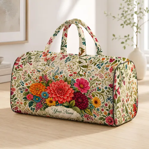 Cottage Garden Florals With Name Label For Overnight Travel And Bright Flower Lovers Quilted Weekend Bag