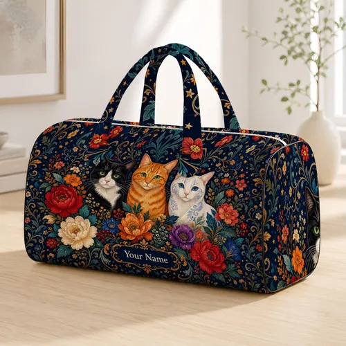 Navy Folk Art Cats With Floral Vines For Holiday Travel And Pet Lover Style Gifts Quilted Weekend Bag