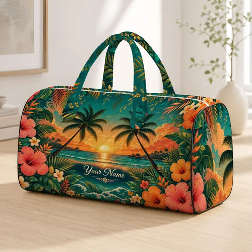 Tropical Sunset Palm Hibiscus Island Scene For Hawaiian Beach Vacation Travel Women Quilted Weekend Bag