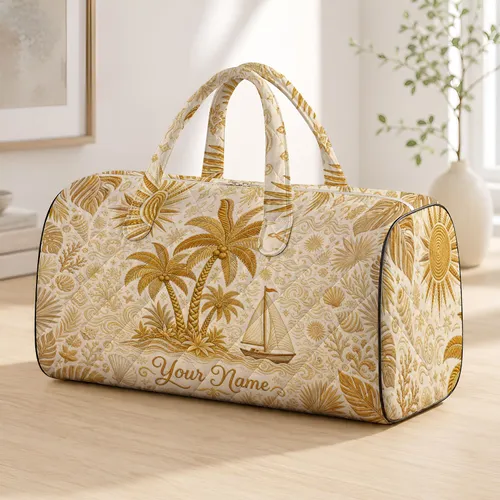 Golden Palm Trees And Sailboat On Cream Coastal Resort Vacation Travel Style For Women Quilted Weekend Bag