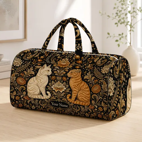 Retro Black Cat Floral Jacquard Tapestry With Ivory Ginger Cats For Autumn Getaways Quilted Weekend Bag
