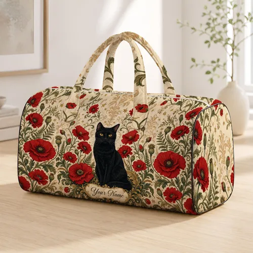 Black Cat With Scarlet Poppies And Autumn Botanicals For Halloween Travel Style For Women Quilted Weekend Bag