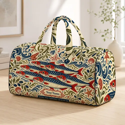 Vintage Sardine Tin Mediterranean Fish Travel Gift For Coastal Foodie Women With Name Quilted Weekend Bag