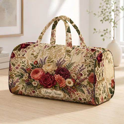 Vintage Woodland Floral Roses Peonies And Vines Elegant Travel Gift For Her Bridesmaid Quilted Weekend Bag