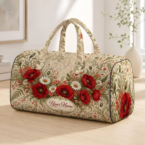 Red Poppy Daisy Botanical Cream Floral Name Accent Travel Gift For Women Holidays Quilted Weekend Bag