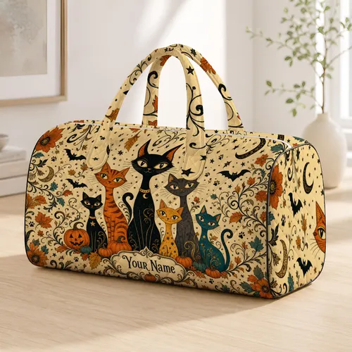 Vintage Halloween Cats With Pumpkins And Moons For Cozy Autumn Getaways Cat Lovers Quilted Weekend Bag