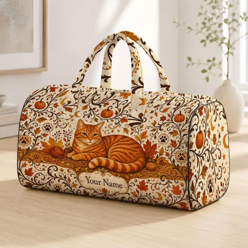 Orange Tabby Cat With Autumn Folk Leaves And Moons Halloween Travel Gift For Cat Lovers Quilted Weekend Bag