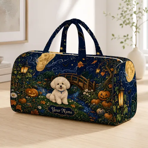 White Dog Halloween Garden Moonlit Pumpkins Cozy Fall Travel Gift For Dog Lovers Quilted Weekend Bag