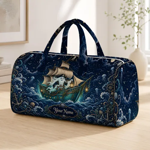 Moonlit Ghost Pirate Sailboat Halloween Nautical Fantasy Travel Gift For Women And Girls Quilted Weekend Bag