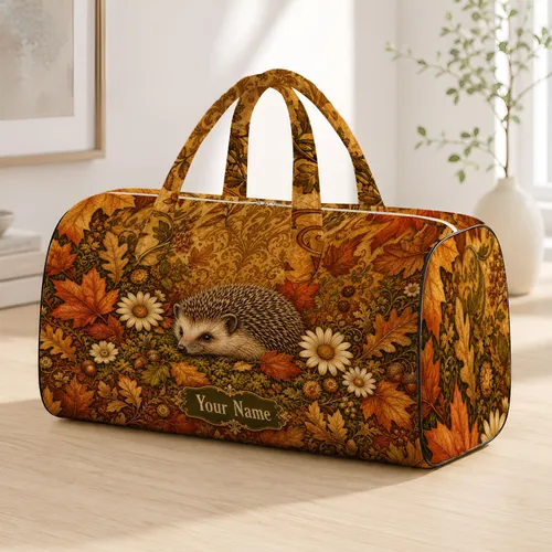 Autumn Hedgehog With Maple Leaves And Cream Daisies For Cozy Fall Getaways Nature Lovers Quilted Weekend Bag