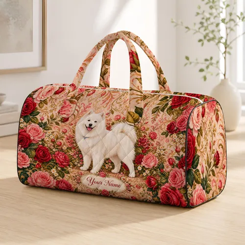 White Samoyed In Pink Rose Garden Floral Travel Style Gift For Dog Moms With Name Accent Quilted Weekend Bag