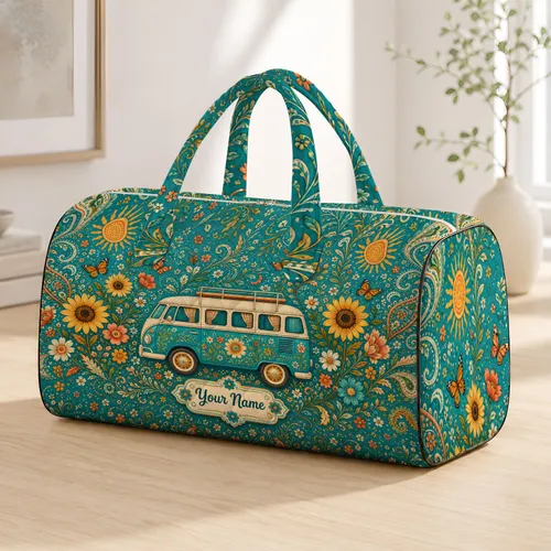 Retro Turquoise Camper Van With Wildflowers For Boho Road Trip Getaways And Travel Lovers Quilted Weekend Bag