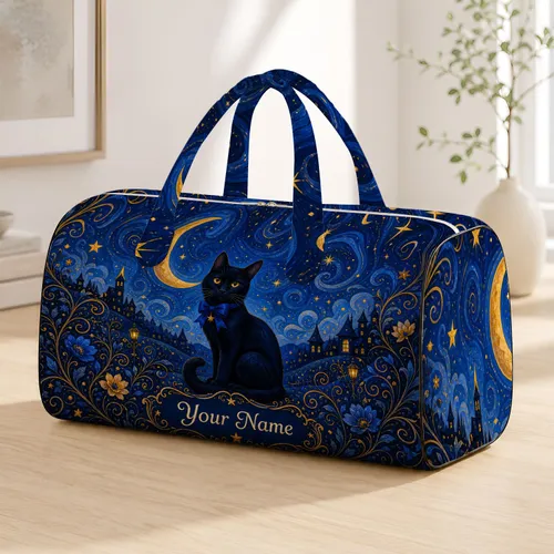 Black Cat Starry Night Blue Moon Celestial Decor For Getaways And Cat Lover Style Quilted Weekend Bag