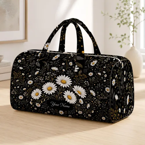 White Daisy Florals On Black With Name Script For Spring Travel And Yoga Getaways Quilted Weekend Bag