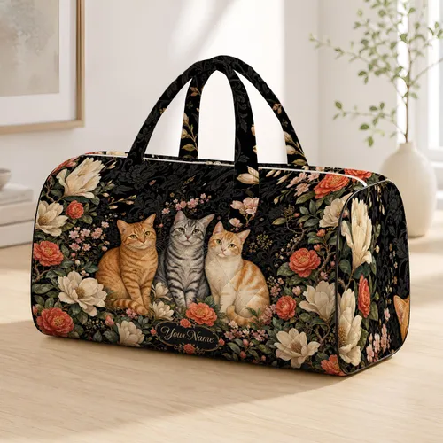 Elegant Mixed Color Cats With Vintage Botanicals For Overnight Getaways And Cat Lovers Quilted Weekend Bag