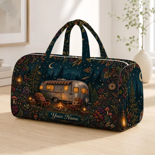 Retro Camper Woodland Campfire Scene For Cozy Glamping Trips And Nature Fans Gift Quilted Weekend Bag