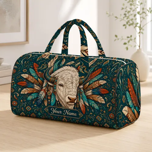 White Bison With Southwestern Feathers For Desert Road Trips And Boho Traveler Style Quilted Weekend Bag