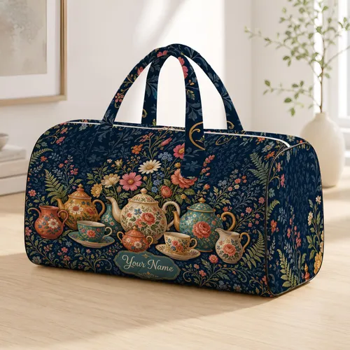 Navy Cottage Tea Garden Florals With Teapots For Chic Travel And Bridesmaid Gifts Quilted Weekend Bag