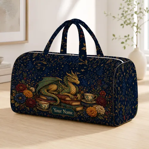 Enchanted Library Dragon With Vintage Books And Autumn Florals For Fantasy Readers Quilted Weekend Bag