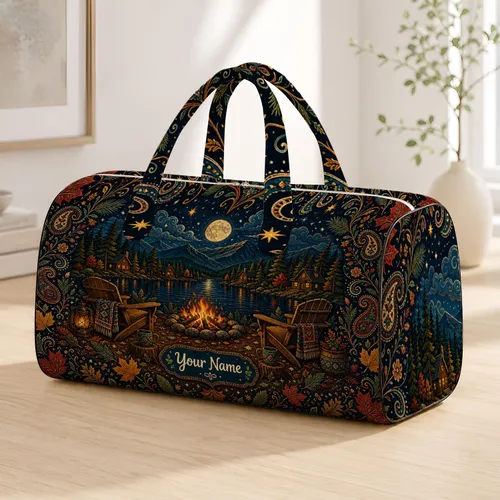 Bohemian Lakeside Campfire Night With Moonlit Cabins For Cozy Autumn Getaway Retreats Quilted Weekend Bag