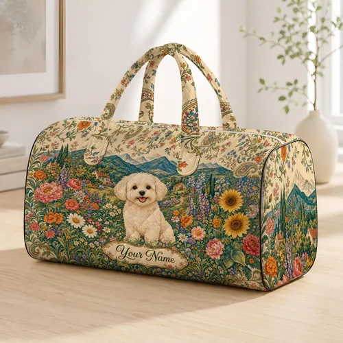 Cream Fluffy Dog Cottage Wildflowers With Name Plaque For Cozy Countryside Travel Lovers Quilted Weekend Bag
