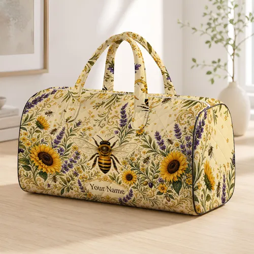Bee Sunflower Lavender Garden With Name Label For Cottagecore Herb Garden Lovers Quilted Weekend Bag