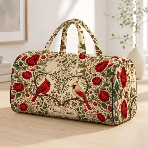Cardinal Winter Garden Roses Heritage Folk Botanical Travel Gift For Bird Lovers Quilted Weekend Bag