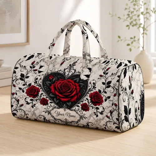 Gothic Black Heart With Red Roses On Marble For Romantic Travel And Bridal Getaways Quilted Weekend Bag