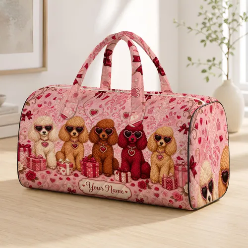 Five Chic Poodles In Heart Sunglasses With Gifts For Pink Glam Getaways And Vacations Quilted Weekend Bag
