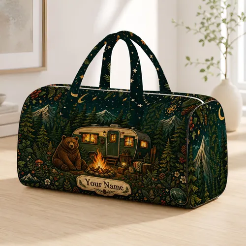 Forest Camper Bear Campfire Scene With Name Plaque For Road Trips And Nature Lovers Quilted Weekend Bag
