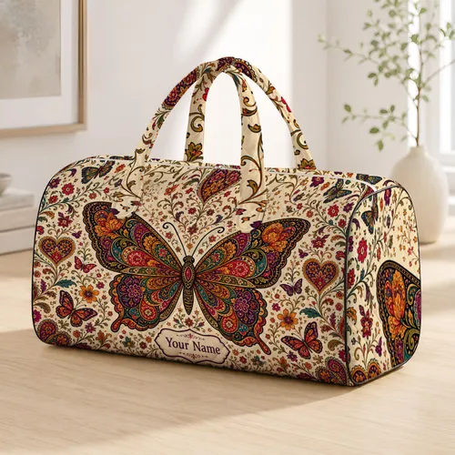 Colorful Folk Boho Butterfly With Floral Vines For Travel Getaways And Picnics Lovers Quilted Weekend Bag