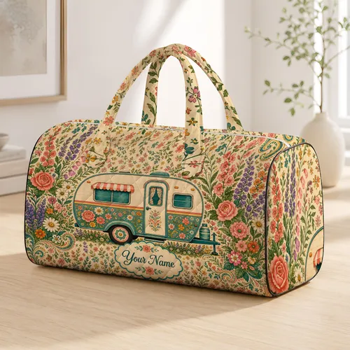 Vintage Camper With Cottagecore Florals For Spring Road Trips And Garden Getaways Quilted Weekend Bag