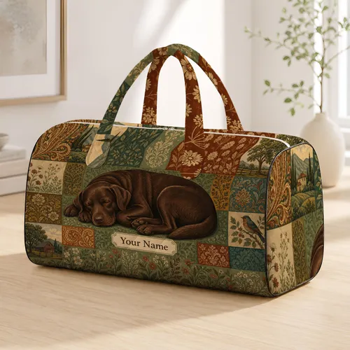 Sleeping Chocolate Labrador Countryside Patchwork Mosaic Travel Style For Dog Moms Quilted Weekend Bag
