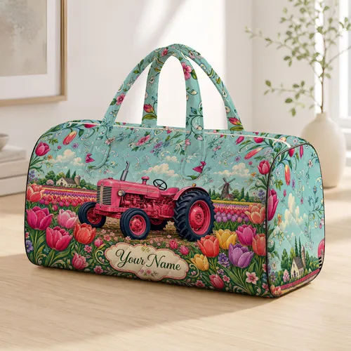 Pink Tractor In Tulip Field Spring Farmhouse Floral Travel Gift For Garden Lovers Quilted Weekend Bag
