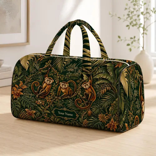 Tropical Monkeys In Jungle Foliage With Your Name For Travel And Nature Lovers Getaways Quilted Weekend Bag