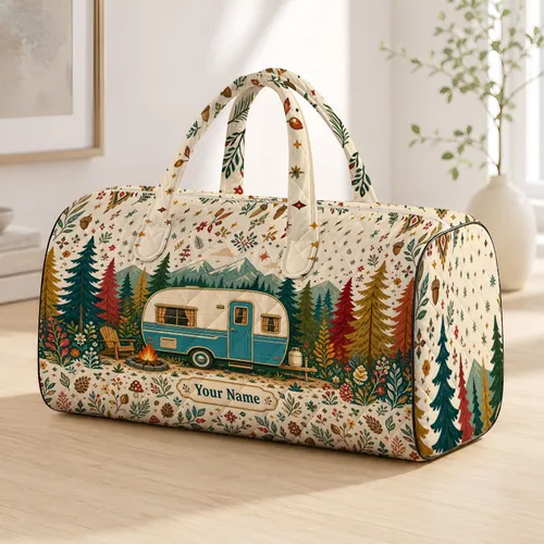 Retro Camper Forest Road Trip Camping Scene For Cozy Travel Adventures For Women Quilted Weekend Bag
