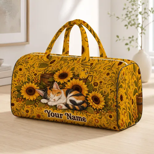 Sleeping Calico Kitten With Golden Sunflowers For Country Autumn Travel Pet Lovers Quilted Weekend Bag