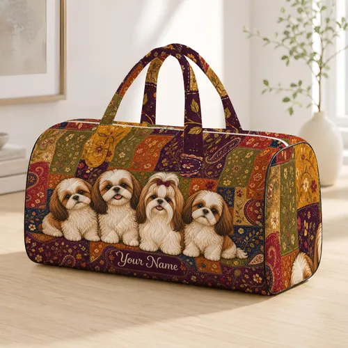 Four Cute Shih Tzu Dogs On Warm Boho Quilt Mosaic For Travel Days And Pet Lovers Quilted Weekend Bag