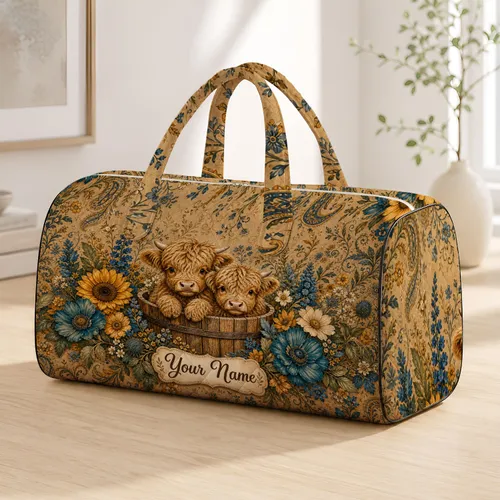 Highland Calves In Barrel With Blue Yellow Wildflowers For Country Getaways Farmhouse Fans Quilted Weekend Bag