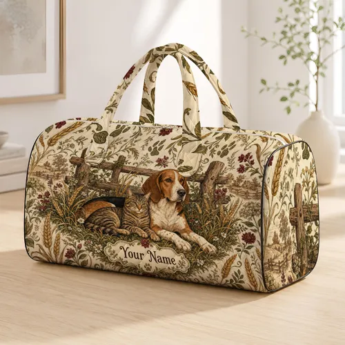 Vintage Farm Cat And Hound Meadow Folk Art For Countryside Travel And Pet Lovers Quilted Weekend Bag