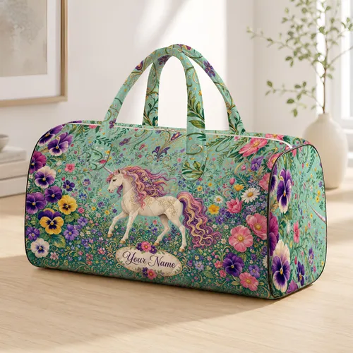 Enchanted Ivory Unicorn Floral Garden For Travel School Work And Fantasy Lovers Gift Quilted Weekend Bag