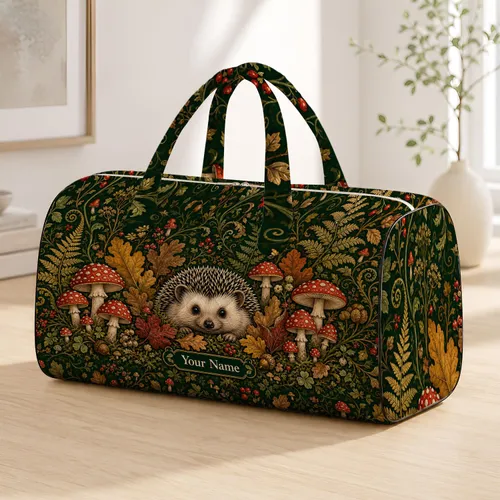 Forest Hedgehog Red Mushroom Fern Woodland Travel Gift For Cottagecore Nature Lovers Quilted Weekend Bag