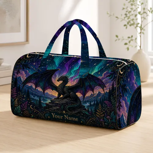 Mystic Aurora Dragon Over Pine Forest Fantasy Travel Style For Northern Lights Fans Quilted Weekend Bag