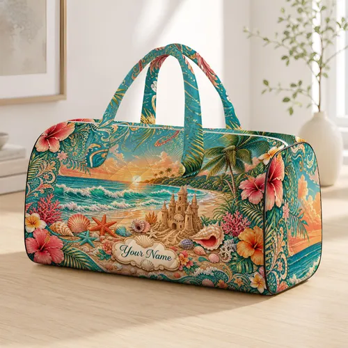 Tropical Paradise Beach Sunset Golden Hour With Seashells Sandcastle Vacation For Her Quilted Weekend Bag