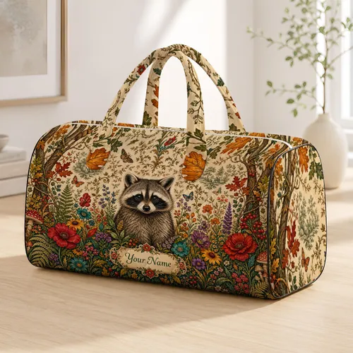 Woodland Raccoon Wildflower Forest With Butterflies For Travel Nature Lovers Gift Quilted Weekend Bag