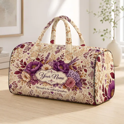 Purple Floral Heritage Garden With Your Name Cartouche For Grandmother Gift Travel Quilted Weekend Bag