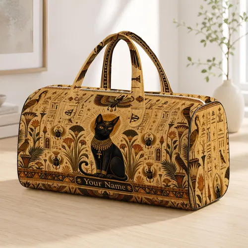 Egyptian Pharaoh Cat With Gold Ankh And Papyrus Motifs For Overnight Travel Cat Lovers Quilted Weekend Bag